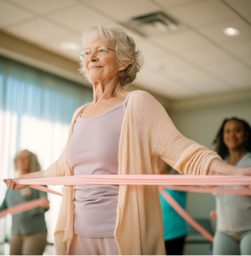 Older adult women performing stretching exercises