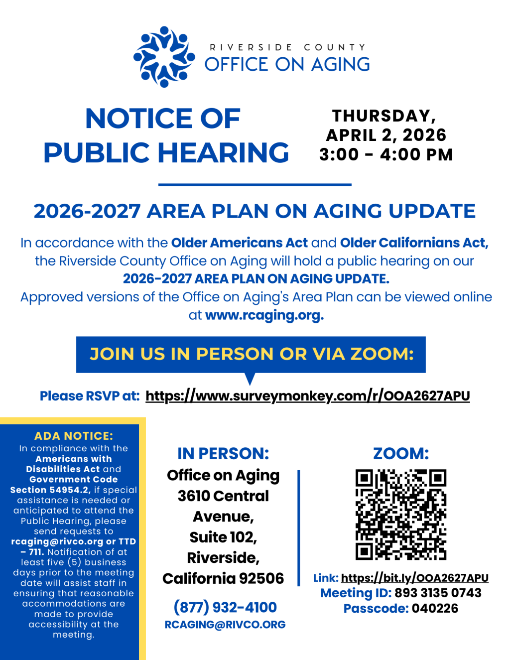 A flyer with details on how to attend the OOA's FY26-27 Area Plan Update Public Hearing