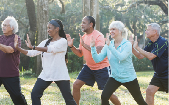 Older adults performing Tai Chi in a park